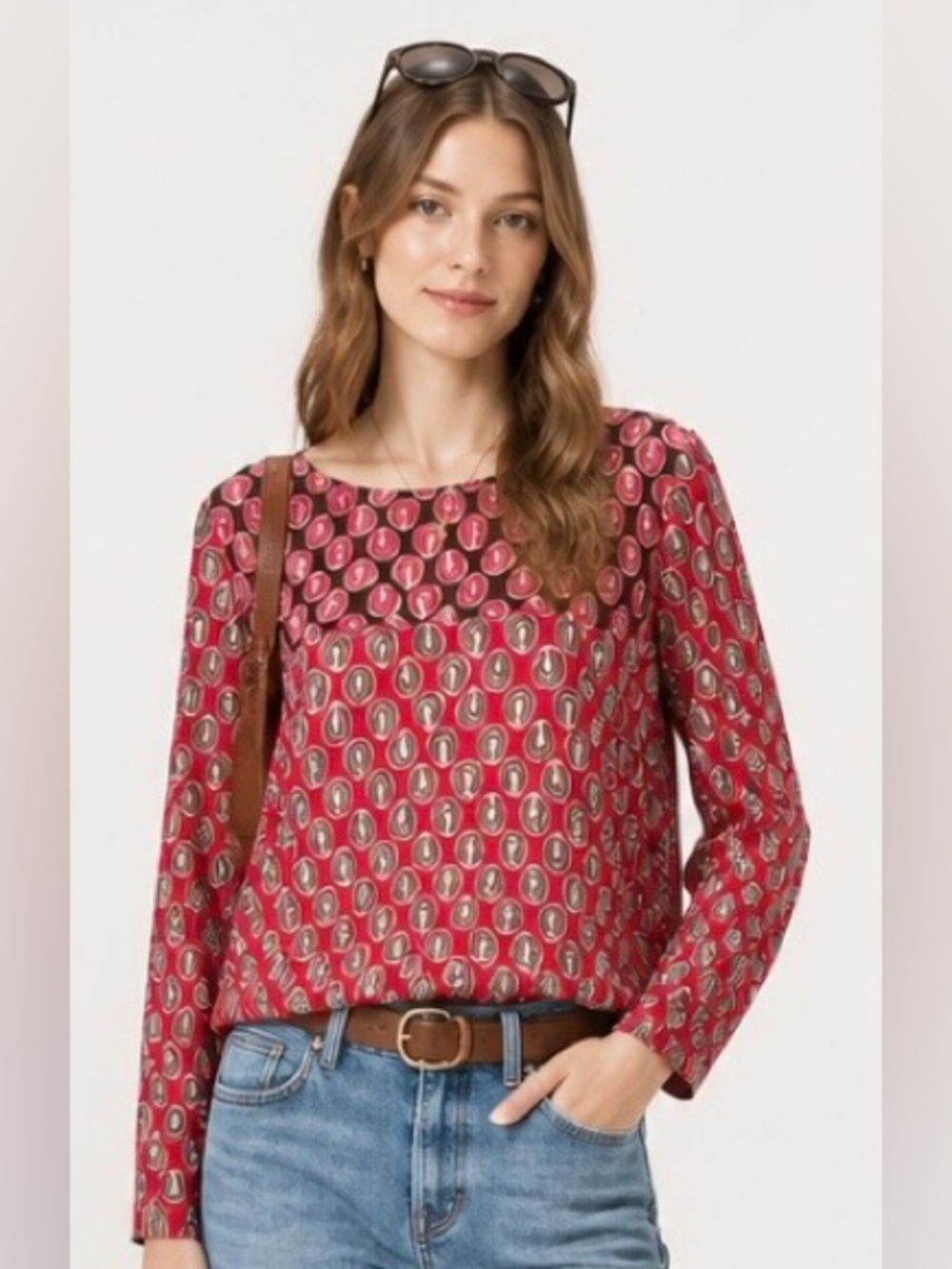 BODEN Groovy Swing Top Blouse Red Brown Abstract Pullover Sz 8
